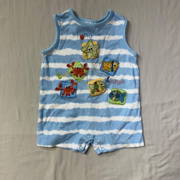 Miniwear Ocean Romper Baby Boys 24 Mo Blue White Fish Sleeveless Outfit Nautical - Picture 1 of 6